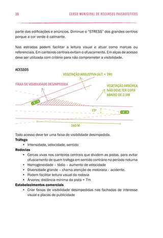 faixa de visibilidade desimpedida
vegetação arbustiva (alt. < 1m)
vegetação arbÓrea
não deve ter copa
abaixo de 2,5m
15º
160 m
36 curso municipal de recursos paisagísticos
parte das edificações e anúncios. Diminue o “STRESS” dos grandes centros
porque a cor verde é calmante.
Nas estradas podem facilitar a leitura visual e atuar como marcas ou
referenciais. Em canteiros centrais evitam o ofuscamento. Em alças de acesso
deve ser utilizada com critério para não comprometer a visibilidade.
Acessos
Todo acesso deve ter uma faixa de visibilidade desimpedida.
Tráfego
•	 Intensidade, velocidade, sentido
Rodovias
•	 Cercas vivas nos canteiros centrais que dividem as pistas, para evitar
ofuscamento de quem trafega em sentido contrário no período noturna
•	 Homogeneidade – tédio – aumento de velocidade
•	 Diversidade grande – chama atenção de motorista - acidente.
•	 Podem facilitar leitura visual da rodovia
•	 Árvores: distância mínima da pista = 7m
Estabelecimentos comerciais
•	 Criar faixas de visibilidade desimpedidas nas fachadas de interesse
visual e placas de publicidade
 