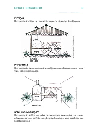 49capítulo 3 - RECURSOS GRÁFICOS
Elevação
Representação gráfica de planos internos ou de elementos da edificação.
Perspectivas
Representação gráfica que mostra os objetos como eles aparecem a nossa
vista, com três dimensões.
Detalhes ou ampliações
Representação gráfica de todos os pormenores necessários, em escala
adequada, para um perfeito entendimento do projeto e para possibilitar sua
correta execução.
elevação 1
esc. 1:100
perspectiva
Ilustração:PatríciaMoralesBertucci
Ilustração:PatríciaMoralesBertucci
 