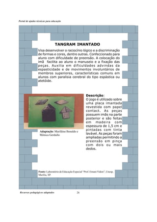 Recursos pedagógicos adaptados
Portal de ajudas técnicas para educação
26
Fonte: Laboratório de Educação Especial “Prof. Ernani Vidon”, Unesp,
Marília, SP.
Descrição:
O jogo é utilizado sobre
uma placa imantada
revestida com papel
contact. As peças
possuem imãs na parte
posterior e são feitas
em madeira com
espessura de 1,5 cm e
pintadas com tinta
lavável. As peças foram
ampliadas permitindo a
preensão em pinça
com dois ou mais
dedos.
TANGRAM IMANTADO
Visa desenvolver o raciocínio lógico e a discriminação
de formas e cores, dentre outras. Confeccionado para
aluno com dificuldade de preensão. A colocação do
imã facilita ao aluno o manuseio e a fixação das
peças. Auxilia em dificuldades advindas da
espasticidade e de movimentos involuntários de
membros superiores, características comuns em
alunos com paralisia cerebral do tipo espástica ou
atetóide.
Adaptação: Marilãine Bonaldo e
Mônica Gerdullo
 