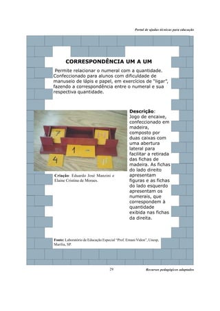 Recursos pedagógicos adaptados
Portal de ajudas técnicas para educação
29
Fonte: Laboratório de Educação Especial “Prof. Ernani Vidon”, Unesp,
Marília, SP.
Descrição:
Jogo de encaixe,
confeccionado em
madeira,
composto por
duas caixas com
uma abertura
lateral para
facilitar a retirada
das fichas de
madeira. As fichas
do lado direito
apresentam
figuras e as fichas
do lado esquerdo
apresentam os
numerais, que
correspondem à
quantidade
exibida nas fichas
da direita.
CORRESPONDÊNCIA UM A UM
Permite relacionar o numeral com a quantidade.
Confeccionado para alunos com dificuldade de
manuseio de lápis e papel, em exercícios de “ligar”,
fazendo a correspondência entre o numeral e sua
respectiva quantidade.
Criação: Eduardo José Manzini e
Elaine Cristina de Moraes.
 