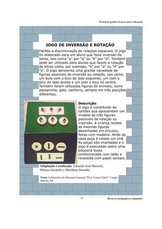 Recursos pedagógicos adaptados
Portal de ajudas técnicas para educação
41
Fonte: Laboratório de Educação Especial “Prof. Ernani Vidon”, Unesp,
Marília, SP.
Descrição:
O jogo é constituído de
cartões que apresentam um
modelo de três figuras
passíveis de rotação ou
inversão. A criança recebe
as mesmas figuras
desenhadas em círculos,
feitas com madeira. Atrás de
cada peça é colado um imã.
As peças são imantadas e o
jogo é executado sobre uma
pequena lousa
confeccionada com latão e
revestida com papel contact.
JOGO DE INVERSÃO E ROTAÇÃO
Adaptação e confecção: Eduardo José Manzini,
Mônica Gerdullo e Marilãine Bonaldo
Facilita a discriminação de relações espaciais. O jogo
foi elaborado para um aluno que fazia inversão de
letras, tais como “p” por “q” ou “b” por “d”. Também
pode ser utilizado para alunos que fazem a rotação
de letras como, por exemplo, “b” por “q” ou “d” por
“p”. O jogo apresenta uma grande variedade de
figuras passíveis de inversão ou rotação, tais como,
um bule com o bico do lado esquerdo, um com o
bico do lado direito e um com o bico no centro.
Também foram utilizadas figuras de animais, como
passarinho, galo, cachorro, sempre em três posições
diferentes.
 