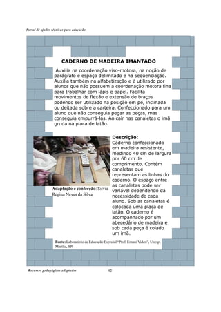 Recursos pedagógicos adaptados
Portal de ajudas técnicas para educação
42
Fonte: Laboratório de Educação Especial “Prof. Ernani Vidon”, Unesp,
Marília, SP.
Descrição:
Caderno confeccionado
em madeira resistente,
medindo 40 cm de largura
por 60 cm de
comprimento. Contém
canaletas que
representam as linhas do
caderno. O espaço entre
as canaletas pode ser
variável dependendo da
necessidade de cada
aluno. Sob as canaletas é
colocada uma placa de
latão. O caderno é
acompanhado por um
abecedário de madeira e
sob cada peça é colado
um imã.
CADERNO DE MADEIRA IMANTADO
Auxilia na coordenação viso-motora, na noção de
parágrafo e espaço delimitado e na seqüenciação.
Auxilia também na alfabetização e é utilizado por
alunos que não possuem a coordenação motora fina
para trabalhar com lápis e papel. Facilita
movimentos de flexão e extensão de braços
podendo ser utilizado na posição em pé, inclinada
ou deitada sobre a carteira. Confeccionado para um
aluno que não conseguia pegar as peças, mas
conseguia empurrá-las. Ao cair nas canaletas o imã
gruda na placa de latão.
Adaptação e confecção: Silvia
Regina Neves da Silva
 