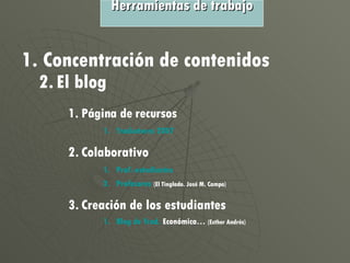 Concentración de contenidos 2. El blog Página de recursos Traductores 2007 Colaborativo   Prof.-estudiantes Profesores   (El Tinglado. José M. Campo) Creación de los estudiantes Blog  de  Trad .  Económica…   (Esther Andrés) Herramientas de trabajo 