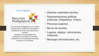 Recursos Pedagógicos
• Distintos materiales escritos.
• Representaciones gráficas,
pictóricas, fotográficas, Vídeos.
• Personas expertas.
• Banco de sonidos.
• Lugares, objetos, instrumentos,
máquinas.
• Mensajes informatizados, etc.
Los recursos pedagógicos, son medios
a través de los cuales los estudiantes y
profesores se sirven para aprender y
enseñar.
Al planear sus estrategias de
enseñanza, el profesor/a necesita
considerar una amplia gama de estos
recursos en sus clases:
 