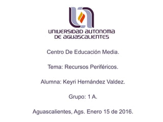 Centro De Educación Media.
Tema: Recursos Periféricos.
Alumna: Keyri Hernández Valdez.
Grupo: 1 A.
Aguascalientes, Ags. Enero 15 de 2016.
 