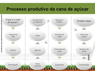 Processo produtivo da cana de açúcar
Extraídode:www.sabaralcool.com.br/processoProducao.html
 