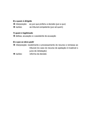 6) a quem é dirigido
 interposição: ao juiz que proferiu a decisão (juiz a quo)
 razões:         ao tribunal competente (juiz ad quem)


7) quem é legitimado
 defesa, acusação e o assistente de acusação


8) o que se deve pedir
 interposição: recebimento e processamento do recurso e remessa ao
                  tribunal (no caso do recurso de apelação é incabível o
                  juízo de retratação)
 razões:         reforma da decisão
 