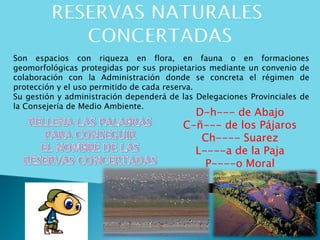 Son espacios con riqueza en flora, en fauna o en formaciones
geomorfológicas protegidas por sus propietarios mediante un convenio de
colaboración con la Administración donde se concreta el régimen de
protección y el uso permitido de cada reserva.
Su gestión y administración dependerá de las Delegaciones Provinciales de
la Consejería de Medio Ambiente.
D-h--- de Abajo
C-ñ--- de los Pájaros
Ch---- Suarez
L----a de la Paja
P----o Moral
 