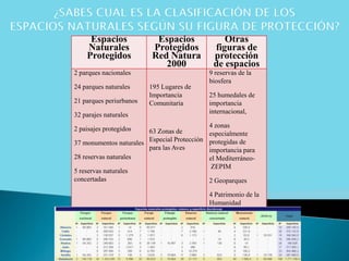Espacios
Naturales
Protegidos
Espacios
Protegidos
Red Natura
2000
Otras
figuras de
protección
de espacios
2 parques nacionales
24 parques naturales
21 parques periurbanos
32 parajes naturales
2 paisajes protegidos
37 monumentos naturales
28 reservas naturales
5 reservas naturales
concertadas
195 Lugares de
Importancia
Comunitaria
63 Zonas de
Especial Protección
para las Aves
9 reservas de la
biosfera
25 humedales de
importancia
internacional,
4 zonas
especialmente
protegidas de
importancia para
el Mediterráneo-
ZEPIM
2 Geoparques
4 Patrimonio de la
Humanidad
 