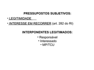 PRESSUPOSTOS SUBJETIVOS: LEGITIMIDADE  INTERESSE EM RECORRER  (art. 282 do RI) INTERPONENTES LEGITIMADOS: Responsável Interessado MP/TCU 