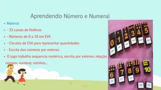 Aprendendo Número e Numeral
 Material
 - 33 caixas de fósforos
 - Números de 0 a 10 em EVA
 - Círculos de EVA para representar quantidades
 - Escrita dos números por extenso
 O jogo trabalha sequencia numérica, escrita por extenso, relação
número, numeral, vizinhos...
 