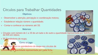 Círculos para Trabalhar Quantidades
Objetivos:
 - Desenvolver a atenção, percepção e coordenação motora;
 - Estabelecer relação número x quantidade;
 - Contar e conhecer os números até 10;
Materiais
 Círculos com número de 1 a 10 de um lado e do outro a quantidade representada por bolinhas
de EVA em relevo;
 55 Prendedores de roupa.
Como se joga:
 A criança fixará os prendedores de roupa nos círculos de
acordo com a quantidade representada por cada ficha.
 