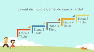Layout de Título e Conteúdo com SmartArt
Etapa 1
Título
Etapa 2
Título
Etapa 3
Título
Etapa 4
Título
Etapa 5
Título
 