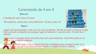 Conectando de 4 em 4
Materiais
- 1 bandeja de ovos ( para 24 ovos)
- 30 tampinhas, sendo duas cores diferentes ( 15 para cada cor)
Regras:
- Jogam dois participantes: Cada um com suas tampinhas. Decide-se quem começará a jogar.
Este colocará a tampinha em qualquer lugar do tabuleiro ( caixa de ovos). O outro faz o
mesmo.
- Ganha quem conseguir fazer uma linha reta com suas tampinhas. Esta linha pode ser na
vertical, horizontal ou diagonal.
- Observação: Neste jogo, o aluno deverá formular estratégias para conseguir juntar as 4
tampinhas da sua cor e ao mesmo tempo impedir o colega de fazer o mesmo.
 