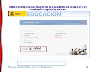 Seleccionamos Compensación de desigualdades en educación y se muestran los siguientes enlaces  : http :// www . mec .es/educa/intercultural/ index . html 