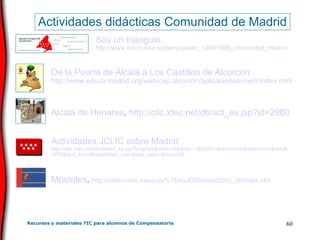 De la Puerta de Alcalá a Los Castillos de  Alcorcón http :// www .educa. madrid . org / web / cap . alcorcon /aplicaciones/ mem / index . html Alcalá de Henares .  http ://clic. xtec .net/ db / act _es. jsp ? id =2980 Actividades  JCLIC  sobre Madrid http ://clic. xtec .net/ db / listact _es. jsp ? lang =es& ordre =0& desc =1& from =1& area = soc &idioma=es& nivell =PRI& text _ titol =Madrid& text _ aut =& text _ desc =& num =25 Móstoles .  http ://roble. cnice . mecd .es/%7Eecuf0000/mad2005_08/ index . htm Actividades didácticas Comunidad de Madrid Soy un triángulo. http :// www . cnice . mec .es/ pamc / pamc _1999/1999_comunidad_ madrid 
