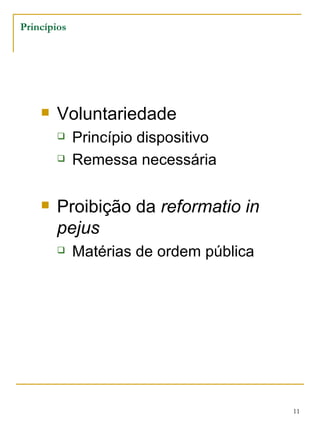 Princípios Voluntariedade Princípio dispositivo Remessa necessária Proibição da  reformatio in pejus  Matérias de ordem pública 