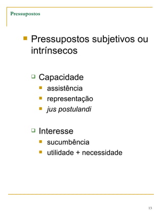 Pressupostos subjetivos ou intrínsecos Capacidade assistência representação jus postulandi Interesse sucumbência utilidade + necessidade Pressupostos 