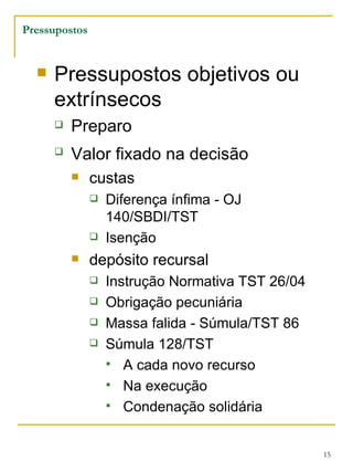 Pressupostos objetivos ou extrínsecos Preparo  Valor fixado na decisão   custas Diferença ínfima - OJ 140/SBDI/TST Isenção  depósito recursal Instrução Normativa TST 26/04 Obrigação pecuniária Massa falida - Súmula/TST 86 Súmula 128/TST A cada novo recurso Na execução Condenação solidária Pressupostos 