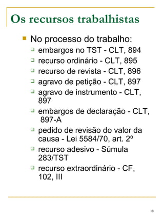 Os recursos trabalhistas No processo do trabalho: embargos no TST - CLT, 894 recurso ordinário - CLT, 895 recurso de revista - CLT, 896 agravo de petição - CLT, 897 agravo de instrumento - CLT, 897 embargos de declaração - CLT,  897-A pedido de revisão do valor da causa - Lei 5584/70, art. 2º recurso adesivo - Súmula 283/TST recurso extraordinário - CF, 102, III 