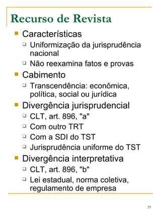 Recurso de Revista Características Uniformização da jurisprudência nacional Não reexamina fatos e provas Cabimento Transcendência: econômica, política, social ou jurídica   Divergência jurisprudencial CLT, art. 896, "a" Com outro TRT Com a SDI do TST Jurisprudência uniforme do TST Divergência interpretativa CLT, art. 896, "b" Lei estadual, norma coletiva, regulamento de empresa 