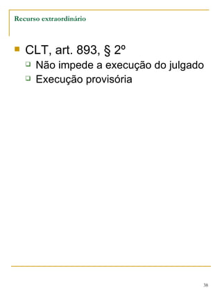Recurso extraordinário CLT, art. 893, § 2º Não impede a execução do julgado Execução provisória 