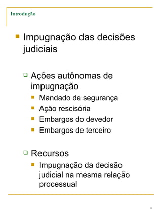 Impugnação das decisões judiciais Ações autônomas de impugnação Mandado de segurança Ação rescisória Embargos do devedor Embargos de terceiro Recursos Impugnação da decisão judicial na mesma relação processual Introdução 