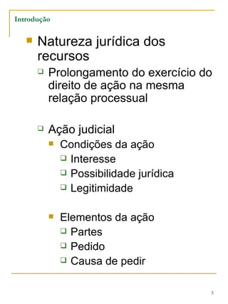 Introdução Natureza jurídica dos recursos Prolongamento do exercício do direito de ação na mesma relação processual Ação judicial Condições da ação Interesse  Possibilidade jurídica  Legitimidade Elementos da ação Partes  Pedido  Causa de pedir  