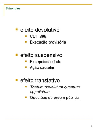 Princípios efeito devolutivo CLT, 899 Execução provisória efeito suspensivo Excepcionalidade Ação cautelar efeito translativo Tantum devolutum quantum appellatum Questões de ordem pública 