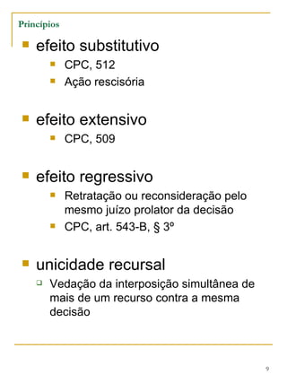 efeito substitutivo CPC, 512 Ação rescisória efeito extensivo CPC, 509 efeito regressivo Retratação ou reconsideração pelo mesmo juízo prolator da decisão CPC, art. 543-B, § 3º unicidade recursal Vedação da interposição simultânea de mais de um recurso contra a mesma decisão Princípios 
