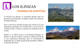 LOS ILINIZAS
El Nevado Los Ilinizas, se encuentra ubicada entre las
provincias de Pichincha y Cotopaxi, dentro de la Reserva
Ecológica Illinizas
Este es uno de los muchos nevados que existen en la rica
naturaleza ecuatoriana. En el Iliniza Sur y en las rocas en
el Iliniza Norte o Tionisa, se practica la escalada en nieve
y hielo.
Debido a su difícil acceso, la diversidad biológica de
Ilinizas es aún un misterio. Escalar la cumbre del Iliniza
es una experiencia fascinante, pero se recomienda la
temporada que va desde agosto hasta diciembre, debido a
la ausencia de lluvias. 14
 