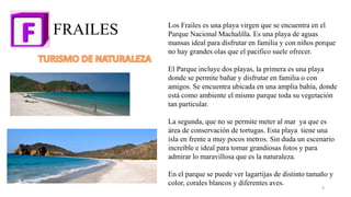 FRAILES Los Frailes es una playa virgen que se encuentra en el
Parque Nacional Machalilla. Es una playa de aguas
mansas ideal para disfrutar en familia y con niños porque
no hay grandes olas que el pacifico suele ofrecer.
El Parque incluye dos playas, la primera es una playa
donde se permite bañar y disfrutar en familia o con
amigos. Se encuentra ubicada en una amplia bahía, donde
está como ambiente el mismo parque toda su vegetación
tan particular.
La segunda, que no se permite meter al mar ya que es
área de conservación de tortugas. Esta playa tiene una
isla en frente a muy pocos metros. Sin duda un escenario
increíble e ideal para tomar grandiosas fotos y para
admirar lo maravillosa que es la naturaleza.
En el parque se puede ver lagartijas de distinto tamaño y
color, corales blancos y diferentes aves.
9
 