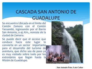 CASCADA SAN ANTONIO DE
                 GUADALUPE
Se encuentra Ubicada en el límite del
Cantón Zamora con el Cantón
Yacuambi, ingresando por el Barrio
San Antonio, a 45 Km., noreste de la
ciudad de Zamora.
Se puede decir que el acceso que
conduce hacia este lugar lo
convierte en un sector importante
para el desarrollo del turismo de
aventura, que dicho sea de paso ya
es muy visitado sobre todo por los
extranjeros que llegan hasta la
Misión de Guadalupe.

                                        San Antonio Foto: Luis Cañar
 
