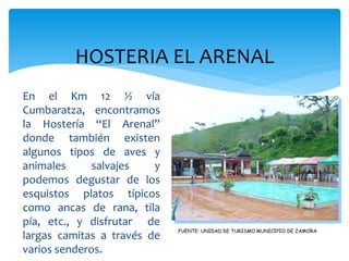 HOSTERIA EL ARENAL
En el Km 12 ½ vía
Cumbaratza, encontramos
la Hostería “El Arenal”
donde también existen
algunos tipos de aves y
animales      salvajes   y
podemos degustar de los
esquistos platos típicos
como ancas de rana, tila
pía, etc., y disfrutar de
                             FUENTE: UNIDAD DE TURISMO MUNICIPIO DE ZAMORA
largas camitas a través de
varios senderos.
 