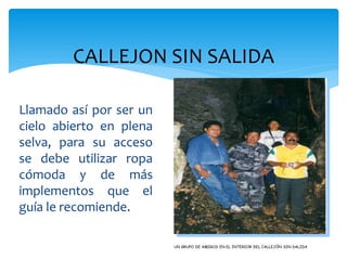 CALLEJON SIN SALIDA

Llamado así por ser un
cielo abierto en plena
selva, para su acceso
se debe utilizar ropa
cómoda y de más
implementos que el
guía le recomiende.

                         UN GRUPO DE AMIGOS EN EL INTERIOR DEL CALLEJÓN SIN SALIDA
 