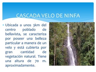 CASCADA VELO DE NINFA
 Ubicada a unos 3km del
  centro      poblado    de
  bellavista, se caracteriza
  por poseer una belleza
  particular a manera de un
  velo y está cubierta por
  gran      cantidad     de
  vegetación natural. Tiene
  una altura de 70 m.
  aproximadamente.
 