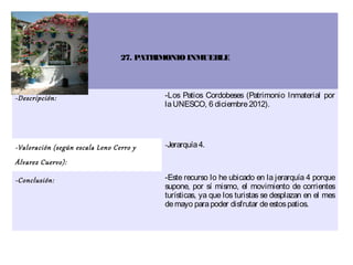 27. PATRIMONIO INMUEBLE




-Descripción:                             -Los Patios Cordobeses (Patrimonio Inmaterial por
                                          la UNESCO, 6 diciembre 2012).




-Valoración (según escala Leno Cerro y    -Jerarquía 4.

Álvarez Cuervo):

-Conclusión:                              -Este recurso lo he ubicado en la jerarquía 4 porque
                                          supone, por sí mismo, el movimiento de corrientes
                                          turísticas, ya que los turistas se desplazan en el mes
                                          de mayo para poder disfrutar de estos patios.
 