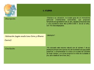 1. CLIMA


                                                 -Gracias a su ubicación, la ciudad goza de un microclima
-Descripción:                                    particular (mediterráneo continental), que propician
                                                 temperaturas agradables todo el año, escasas precipitaciones
                                                 y una incidencia solar alta (2.800-3.000 h. de sol al año),
                                                 con 143 días despejados.




                                                 -Jerarquía 1
-Valoración (según escala Leno Cerro y Álvarez
Cuervo):


                                                 -He colocado este recurso natural con el número 1 de su
-Conclusión:                                     jerarquía porque creo que es uno de los atractivos que puede
                                                 potenciar o complementar la visita a la ciudad de Córdoba
                                                 (el buen tiempo y el clima propicia la visita de ciudades a
                                                 pie, actividades al aire libre, etc.).
 