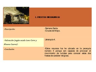 1. FIESTAS RELIGIOSAS




-Descripción:                               -Semana Santa.
                                            -Cruces de Mayo.



-Valoración (según escala Leno Cerro y      -Jerarquía 4.

Álvarez Cuervo):

-Conclusión:                                -Estos recursos los he ubicado en la jerarquía
                                            número 4 porque son capaces de provocar el
                                            movimiento de turistas para conocer estas dos
                                            fiestas de carácter religioso.
 