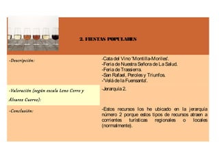 2. FIESTAS POPULARES



-Descripción:                              -Cata del Vino 'Montilla-Moriles'.
                                           -Feria de Nuestra Señora de La Salud.
                                           -Feria de Trassierra.
                                           -San Rafael, Peroles y Triunfos.
                                           -'Velá de la Fuensanta'.
-Valoración (según escala Leno Cerro y     -Jerarquía 2.

Álvarez Cuervo):

-Conclusión:                               -Estos recursos los he ubicado en la jerarquía
                                           número 2 porque estos tipos de recursos atraen a
                                           corrientes turísticas regionales o       locales
                                           (normalmente).
 