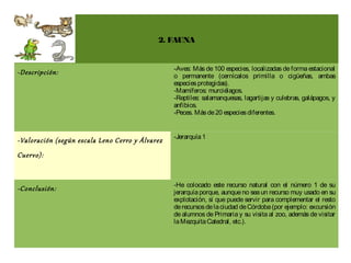 2. FAUNA


                                                 -Aves: Más de 100 especies, localizadas de forma estacional
-Descripción:                                    o permanente (cernícalos primilla o cigüeñas, ambas
                                                 especies protegidas).
                                                 -Mamíferos: murciélagos.
                                                 -Reptiles: salamanquesas, lagartijas y culebras, galápagos, y
                                                 anfibios.
                                                 -Peces. Más de 20 especies diferentes.


                                                 -Jerarquía 1
-Valoración (según escala Leno Cerro y Álvarez
Cuervo):


                                                 -He colocado este recurso natural con el número 1 de su
-Conclusión:                                     jerarquía porque, aunque no sea un recurso muy usado en su
                                                 explotación, sí que puede servir para complementar el resto
                                                 de recursos de la ciudad de Córdoba (por ejemplo: excursión
                                                 de alumnos de Primaria y su visita al zoo, además de visitar
                                                 la Mezquita Catedral, etc.).
 