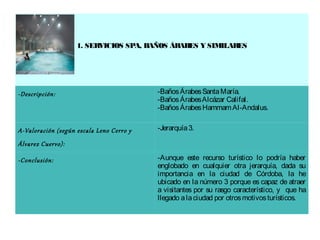 1. SERVICIOS SPA, BAÑOS ÁRABES Y SIMILARES




-Descripción:                             -Baños Árabes Santa María.
                                          -Baños Árabes Alcázar Califal.
                                          -Baños Árabes Hammam Al-Andalus.


A-Valoración (según escala Leno Cerro y   -Jerarquía 3.

Álvarez Cuervo):

-Conclusión:                              -Aunque este recurso turístico lo podría haber
                                          englobado en cualquier otra jerarquía, dada su
                                          importancia en la ciudad de Córdoba, la he
                                          ubicado en la número 3 porque es capaz de atraer
                                          a visitantes por su rasgo característico, y que ha
                                          llegado a la ciudad por otros motivos turísticos.
 