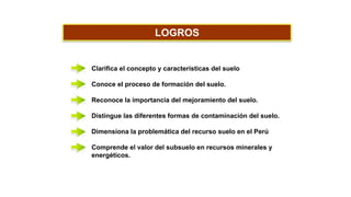 Clarifica el concepto y características del suelo
Conoce el proceso de formación del suelo.
Reconoce la importancia del mejoramiento del suelo.
Distingue las diferentes formas de contaminación del suelo.
Dimensiona la problemática del recurso suelo en el Perú
Comprende el valor del subsuelo en recursos minerales y
energéticos.
LOGROS
 