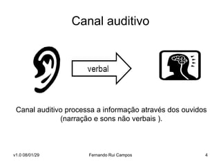 Canal auditivo




 Canal auditivo processa a informação através dos ouvidos
              (narração e sons não verbais ).



v1.0 08/01/29         Fernando Rui Campos               4
 