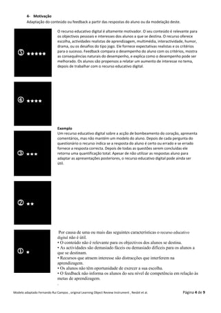 4- Motivação
         Adaptação do conteúdo ou feedback a partir das respostas do aluno ou da modelação deste.

                               O recurso educativo digital é altamente motivador. O seu conteúdo é relevante para
                               os objectivos pessoais e interesses dos alunos a que se destina. O recurso oferece
                               escolha, actividades realistas de aprendizagem, multimédia, interactividade, humor,
                               drama, ou os desafios do tipo jogo. Ele fornece expectativas realistas e os critérios
                               para o sucesso. Feedback compara o desempenho do aluno com os critérios, mostra
                               as consequências naturais do desempenho, e explica como o desempenho pode ser
                               melhorado. Os alunos são propensos a relatar um aumento de interesse no tema,
                               depois de trabalhar com o recurso educativo digital.




                               Exemplo
                               Um recurso educativo digital sobre a acção de bombeamento do coração, apresenta
                               comentários, mas não mantém um modelo do aluno. Depois de cada pergunta do
                               questionário o recurso indica se a resposta do aluno é certo ou errado e se errado
                               fornece a resposta correcta. Depois de todas as questões serem concluídas ele
                               retorna uma quantificação total. Apesar de não utilizar as respostas aluno para
                               adaptar as apresentações posteriores, o recurso educativo digital pode ainda ser
                               útil.




                                Por causa de uma ou mais das seguintes características o recurso educativo
                               digital não é útil.
                               • O conteúdo não é relevante para os objectivos dos alunos se destina.
                               • As actividades são demasiado fáceis ou demasiado difíceis para os alunos a
                               que se destinam.
                               • Recursos que atraem interesse são distracções que interferem na
                               aprendizagem.
                               • Os alunos não têm oportunidade de exercer a sua escolha.
                               • O feedback não informa os alunos do seu nível de competência em relação às
                               metas de aprendizagem.
                               .
Modelo adaptado Fernando Rui Campos , original Learning Object Review Instrument , Nesbit et al.           Página 4 de 9
 