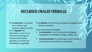 RECURSOS ORALES VERBALES
 La elocución. Es la parte
de la retórica que
contiene reglas de estilo.
Es la “manera” de
expresarse. La voz es un
instrumento del que el
conferenciante debe
aprender a servirse con
flexibilidad y seguridad.
 La dicción. Es la forma de emplear las palabras para
formar oraciones.
Tiene dos partes principales:
 La articulación: es el manejo de los órganos
supraglóticos (mandíbula, lengua, labios, etc.).
 La pronunciación: el sonido que se da a vocales y
consonantes de acuerdo a su ubicación.
 