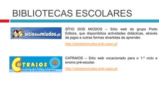 BIBLIOTECAS UNIVERSITÁRIAS (2)DOMÍNIO PÚBLICO – Sítio web que disponibiliza vários documentos, destacando-se as teses e obras de literatura.http://www.dominiopublico.gov.brWORLDCAT –A WorldCat é um catálogo colectivo mundial, criado e mantido por cerca de 9.000 instituições-membro do OCLC (Online Computer Library Center). Contém milhões de registos em linha, construídos a partir de informação bibliográfica e das existências nas bibliotecas-membro. A WorldCat disponibiliza vários tipos de registos: livros electrónicos, gravações em formato MP3, DVD e sítios web.http://www.worldcat.org/