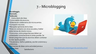 7.- Microblogging
Microbloggin.
Edumodo.
Twiducate
* Como diario de clase.
*Como tablón de anuncios.
*Elaboración colaborativa de microcuentos.
*Compartir recursos.
*Recopilar opiniones de la clase.
*Estar en contacto con otras escuelas y hablar
sobre temas de interés mutuo.
*Concursos, como preguntas que deben ser
contestadas correctamente lo antes posible. Se
lanzan preguntas que los alumnos deben contestar
lo más rápido posible.
*Vocabulario. Definir palabras, escribir sinónimos y
antónimos.
*Tormentas de ideas como actividad previa a
alguna clase. http://edmodo.antoniogarrido.es/indice.html
Satisfactorio
 