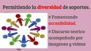 Permitiendo la diversidad de soportes.
# Fomentando
accesibilidad.
# Discurso teorico
acompañado por
imagenes y videos
CC0
 
