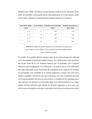 111
Naraskevicins, 2004). En México existen números estudios de este fenómeno en dis-
tintas universidades, concluyendo que la baja preparación en niveles básicos, deter-
mina la baja competencia matemática para abordar estudios universitarios.
Intervalo de califica-
ciones
No. de alumnos Promedio en el examen diag-
nóstico
Promedio de la preparato-
ria de origen
8 – 6 5 6.69 8.78
6 – 4 46 4.82 8.52
4 – 2 74 3.02 8.24
2 – 0 16 1.46 8.52
Tabla 18. Resultados de examen diagnóstico de matemáticas en alumnos de
nuevo ingreso en el año 2008 a la Universidad de Occidente unidad Culiacán.
Fuente: elaboración propia.
En la tabla 18 se pueden observar algunos datos de un examen diagnostico aplicado
en la Universidad de Occidente unidad Culiacán. Las calificaciones están considera-
das en una escala de 0 a 10. Podemos observar que, en promedio, solo 5 alumnos
obtuvieron aproximadamente 7 de calificación, y la mayoría está en 3 de calificación.
Otro dato importante es que el promedio de la preparatoria de origen de los alumnos,
no corresponde a sus resultados en el examen diagnóstico, aunque estos sean consi-
derados aceptables. El proyecto que aquí se presenta, será solo el detonante para que,
en el esquema general del currículo universitario, se establezcan las estrategias gene-
rales, para que los alumnos en un momento dado, sean seleccionados por sus compe-
tencias iniciales suficientes para abordar las diversas asignaturas, o en su caso, pro-
mover cursos de regularización que les permitan cierto éxito en su trayectoria escolar.
 